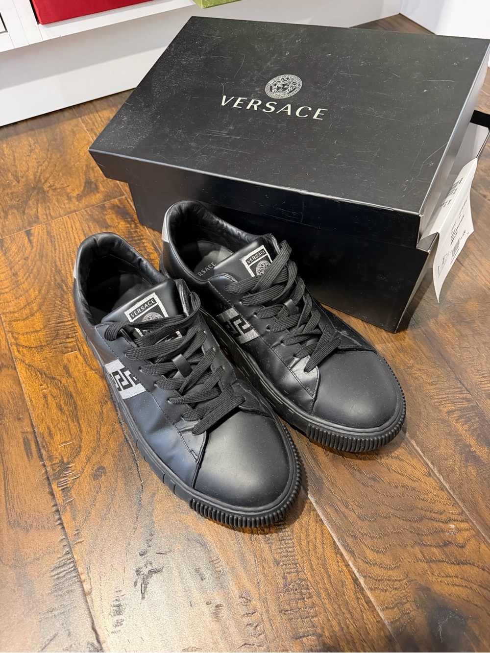 Versace Black Low-Top Leather Lace-Up Sneakers with Greca Detail